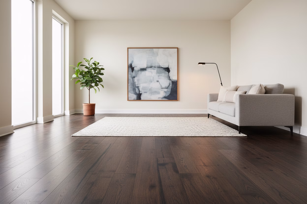 Un Parquet En Chêne Fumé Associé à Un Mur Blanc Cassé.