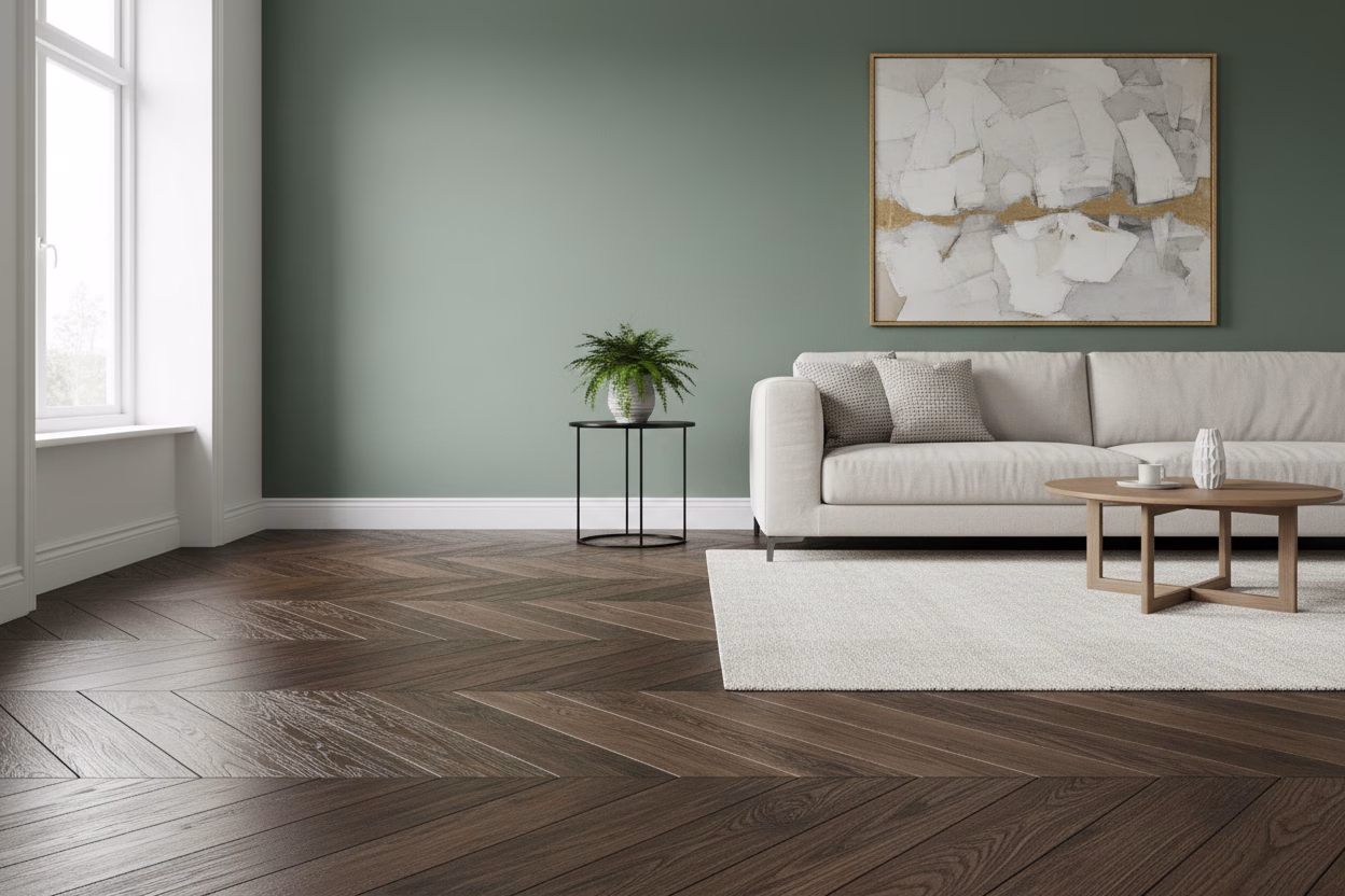 Un Parquet En Chêne Fumé Associé à Un Mur Vert Sauge.