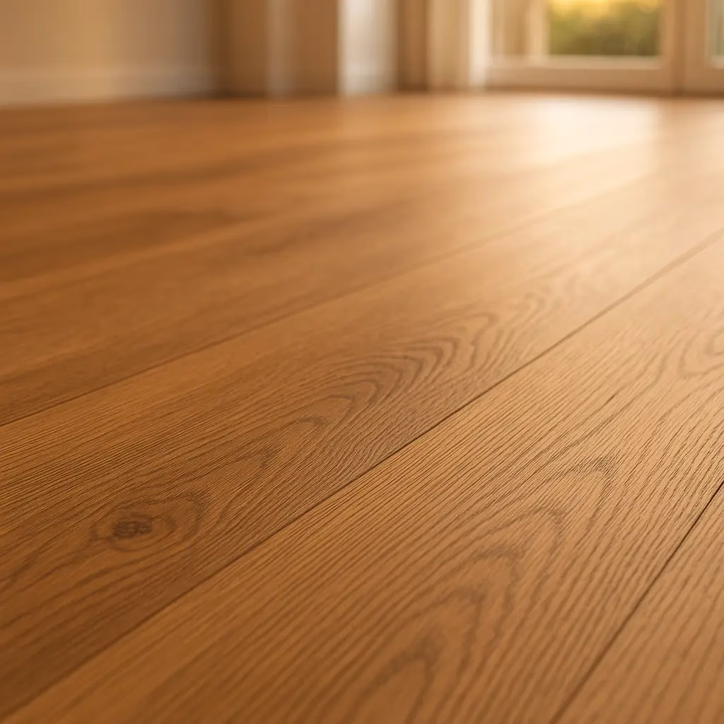 Close-up shot of high-quality linoleum flooring with a realistic oak wood grain texture, showing natural patterns and a matte finish in a bright modern living room.