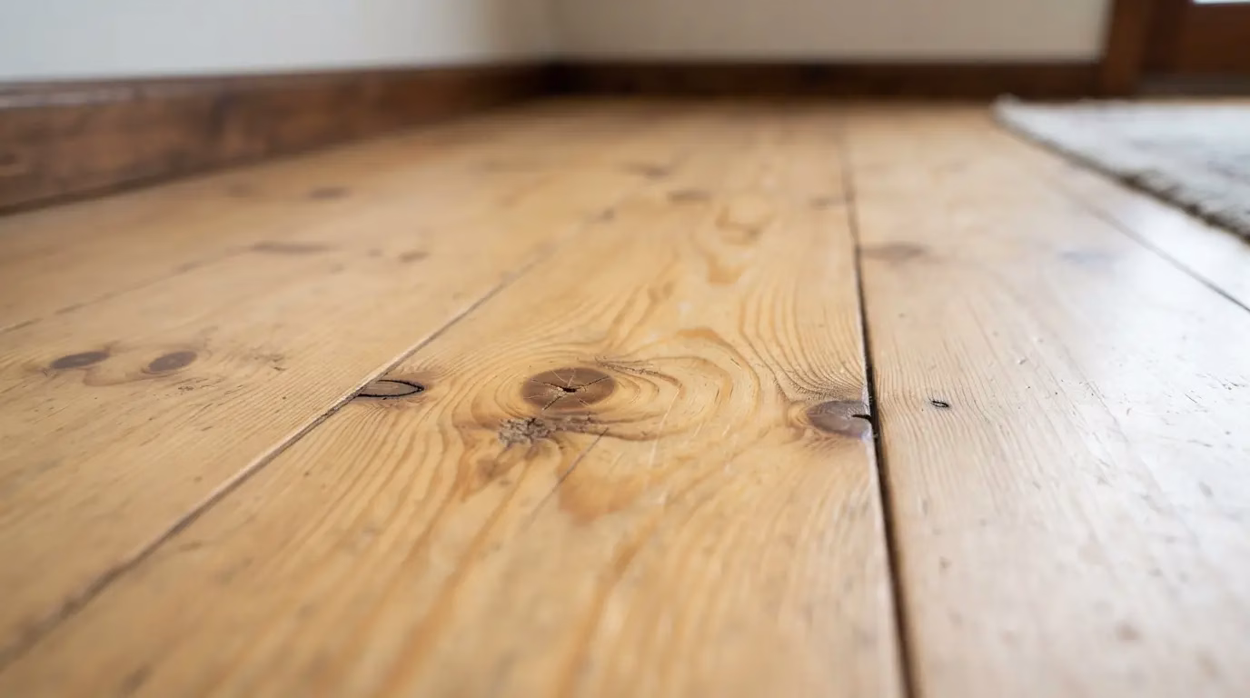 Close-up of a light pine wood floor with visible knots and natural grain
