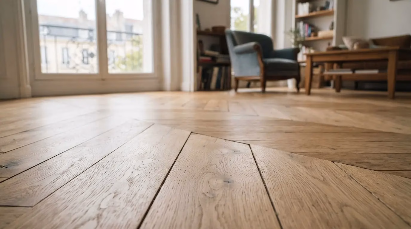 Unfinished oak parquet boards with natural grain in a Bordeaux home