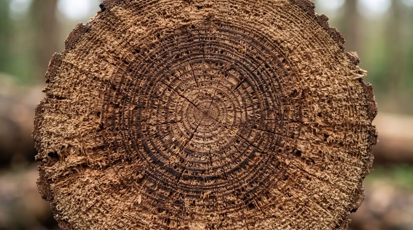 Close-up of end grain wood pattern with visible growth rings and textured surface