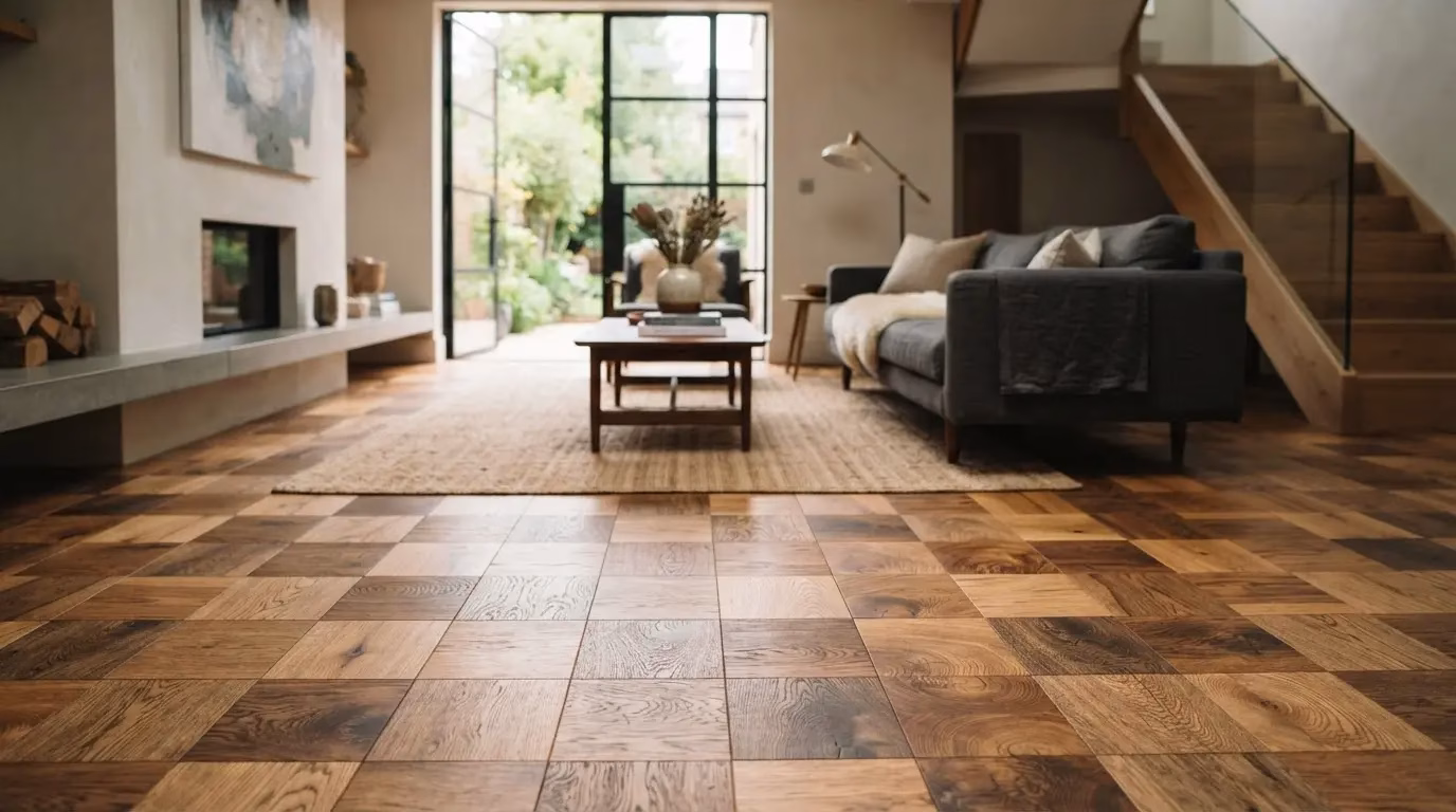 Modern interior with geometric end grain parquet blocks and warm wood texture