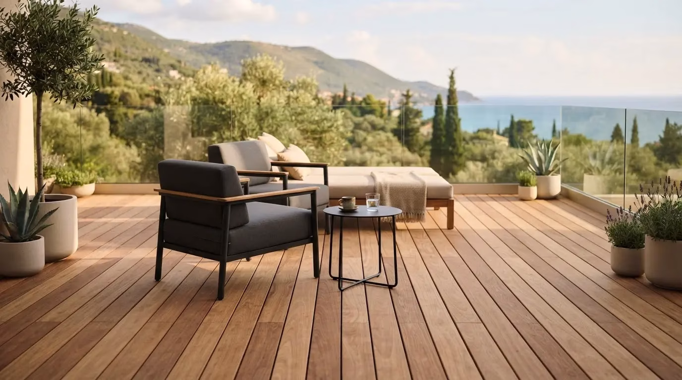 Elegant teak terrace with straight boards and minimalist outdoor design