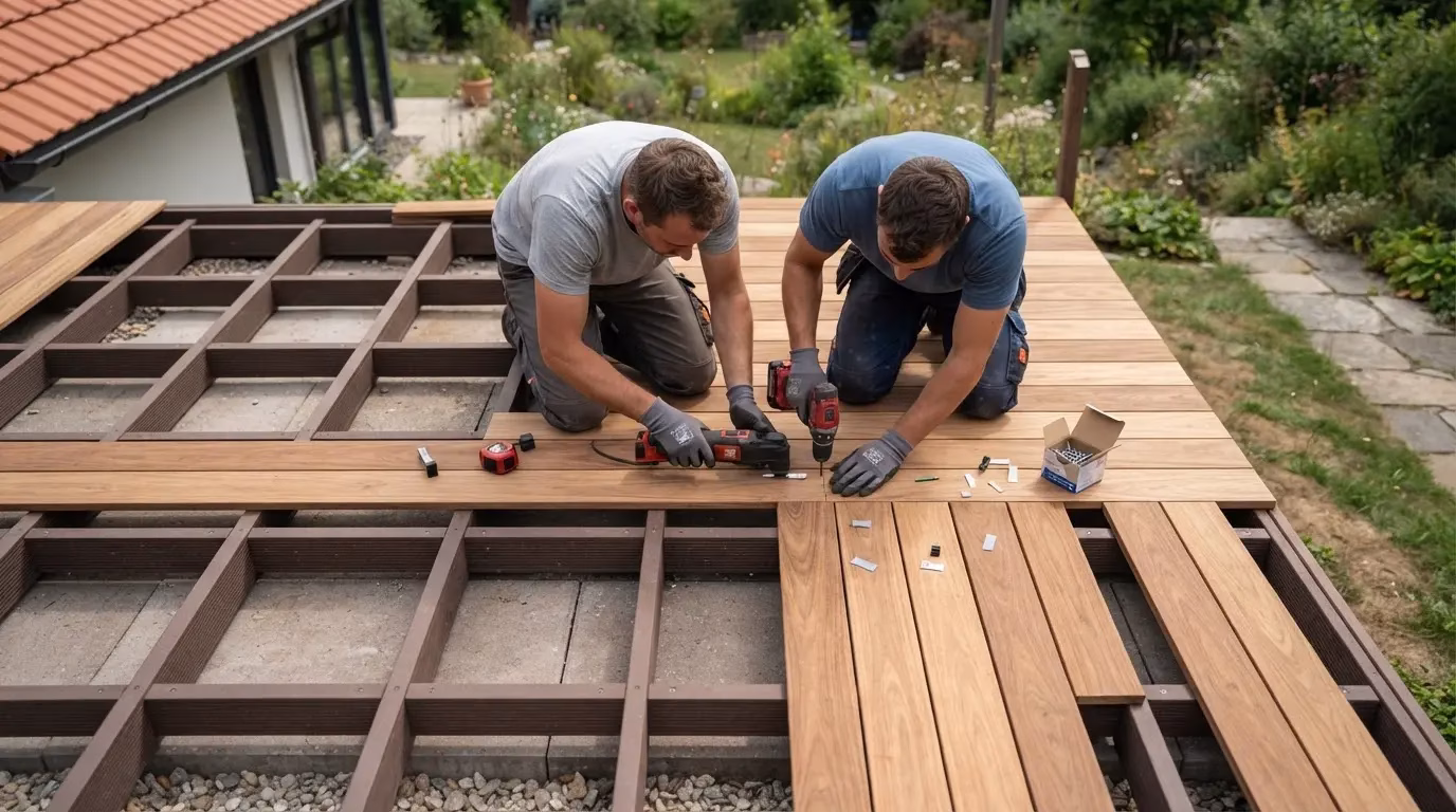 Top view of teak terrace boards being laid out on a prepared outdoor support