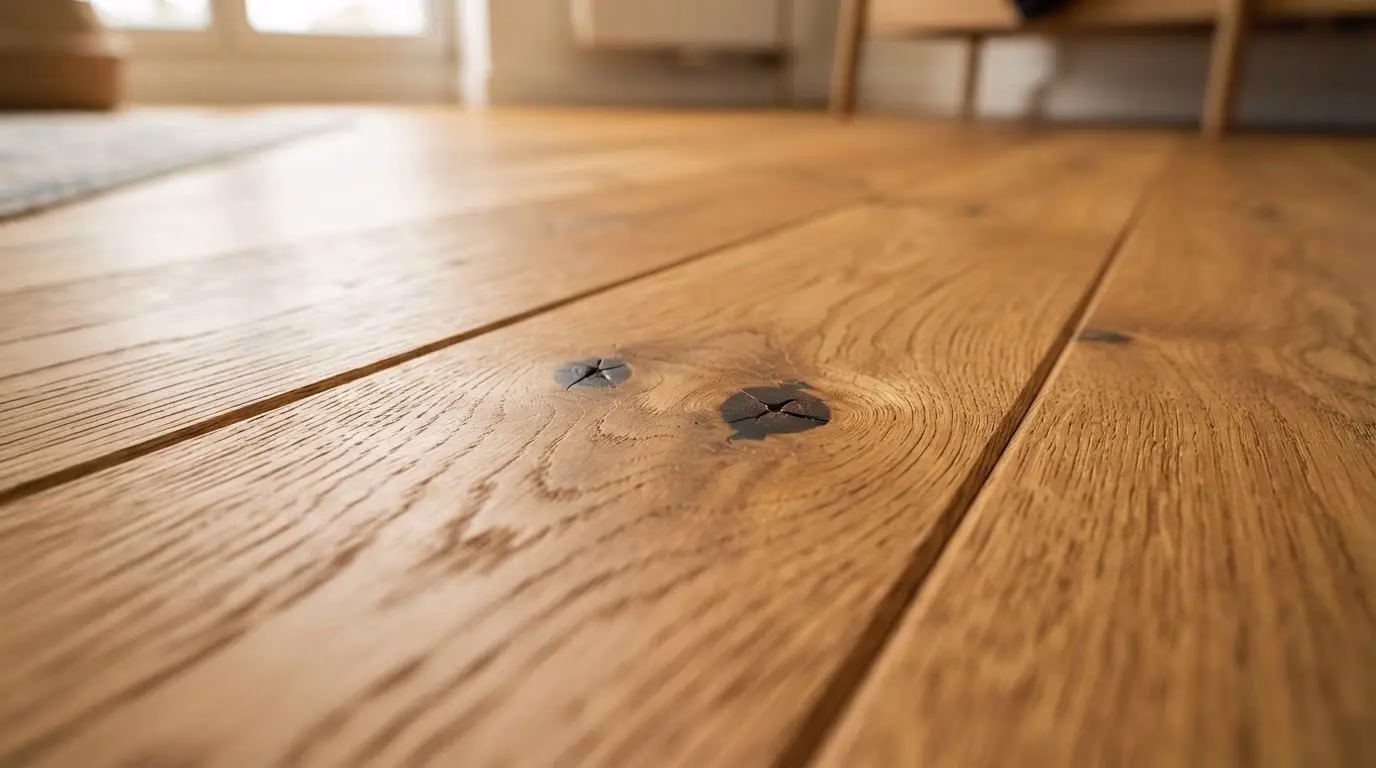 Close-up of oak parquet planks with healthy knots and natural grain