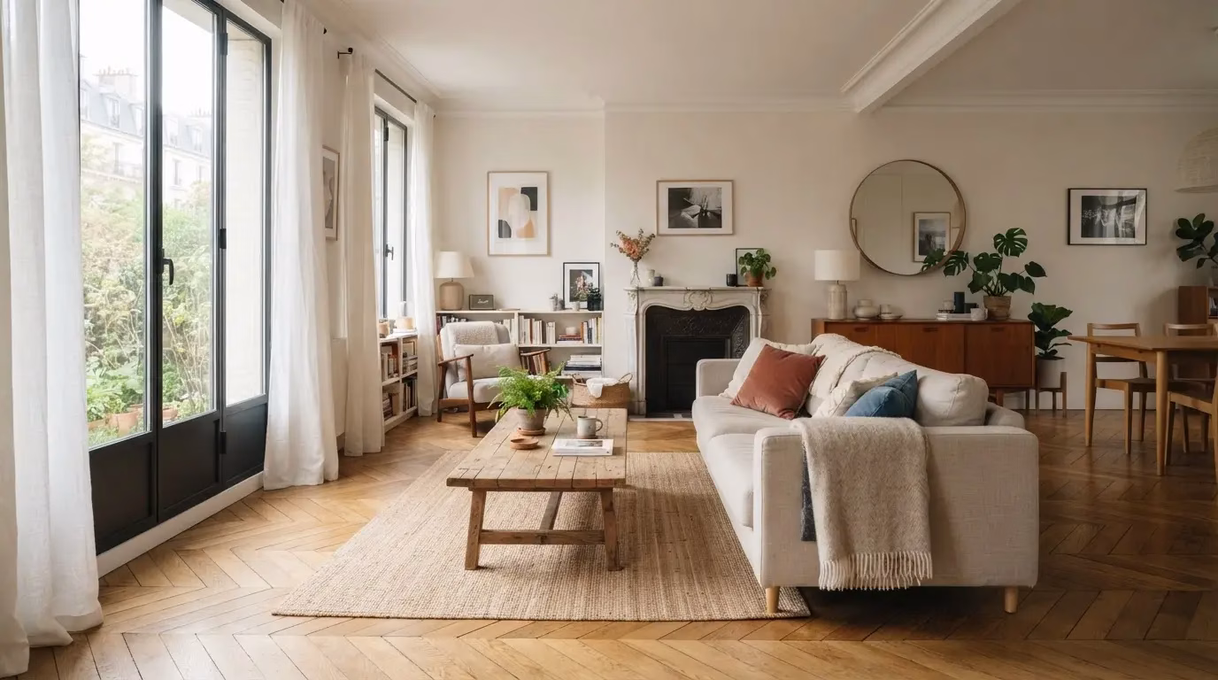 Bright living room with parquet flooring and balanced natural light