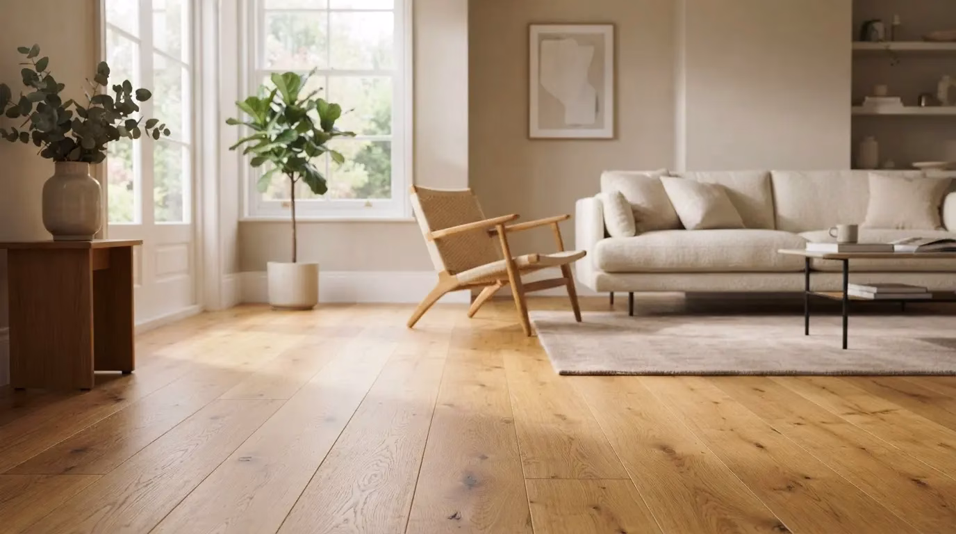 Bright oak parquet in a sunlit living room with soft neutral walls