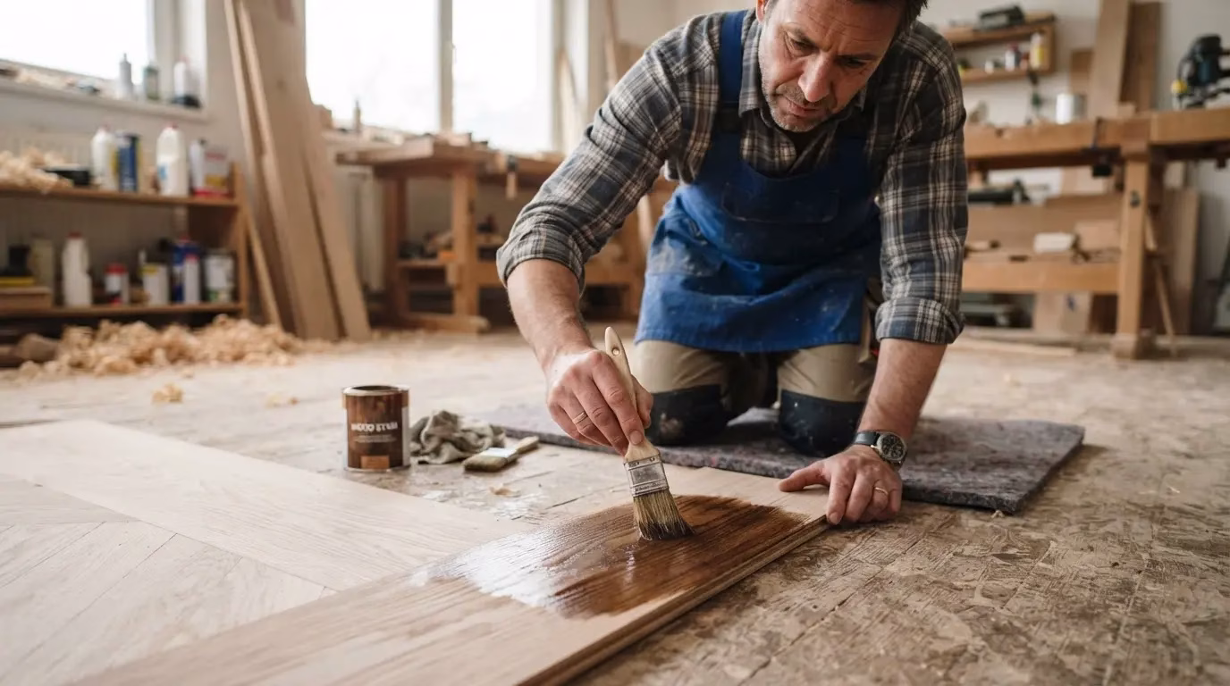 Craftsman applying wood stain sample on a sanded parquet board with a brush