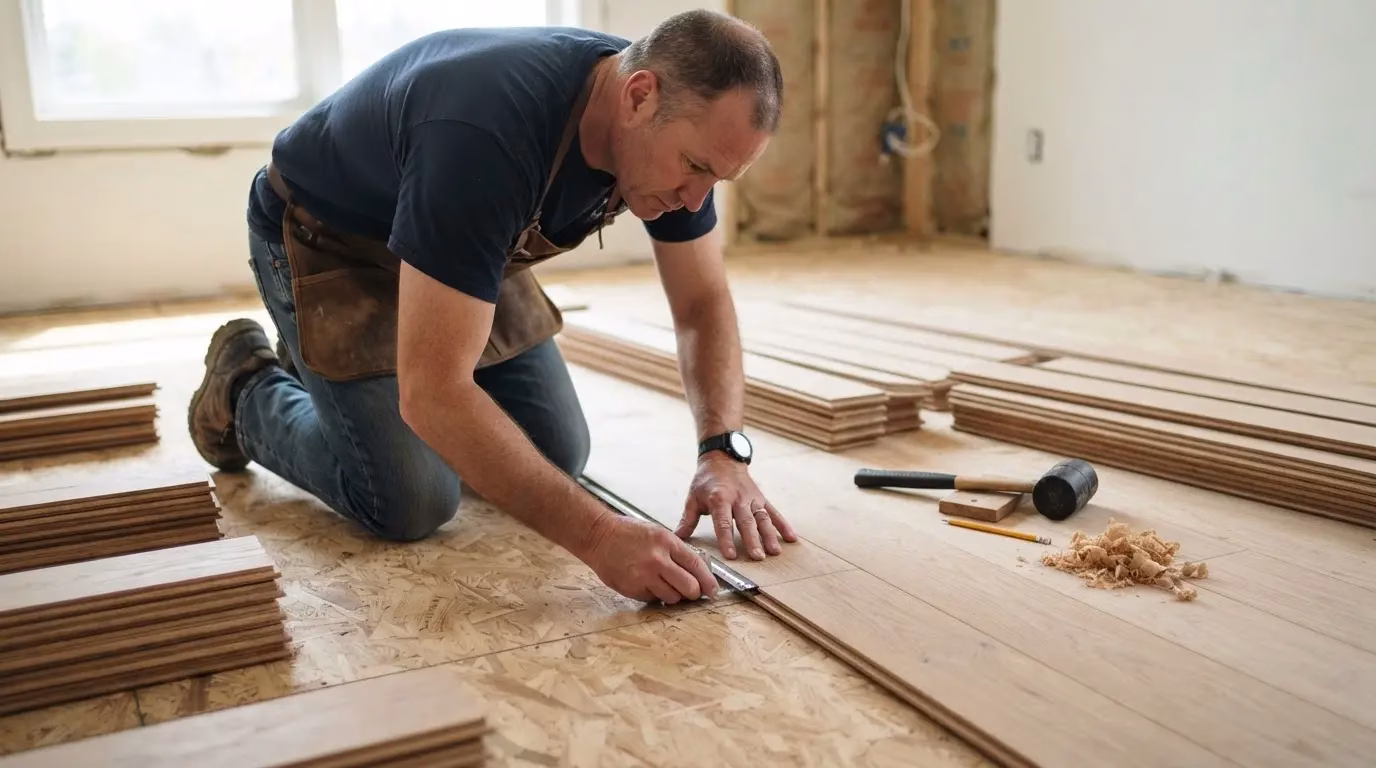 Installer checking wooden floorboards on a stable subfloor before laying them