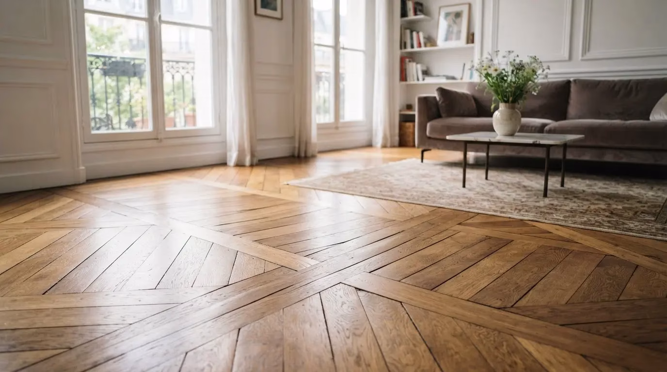 Elegant French-style parquet floor with alternating plank widths in a bright living room