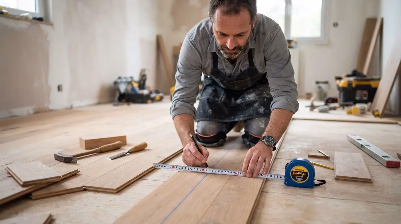 Craftsman laying parquet boards with a chalk line and measuring tools
