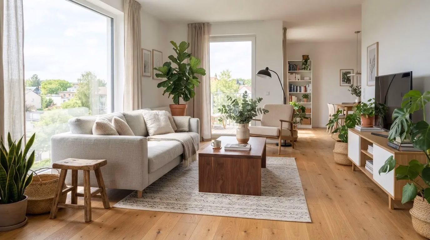 Bright modern living room with natural wooden parquet floor and daylight