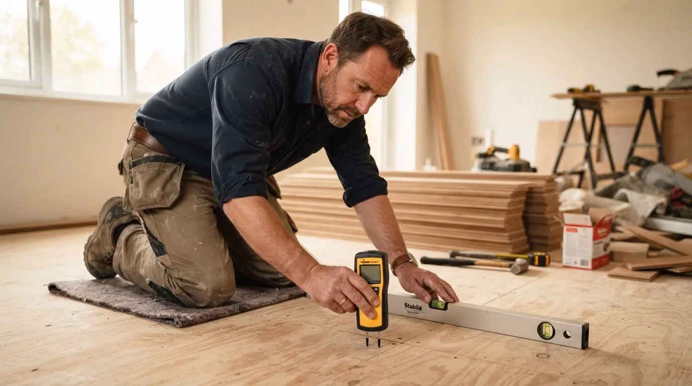 Carpenter checking floor humidity and level before parquet installation