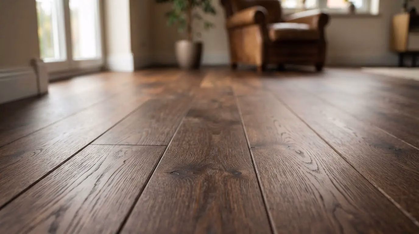 Thermo-treated wooden floor boards with rich brown tones and visible grain