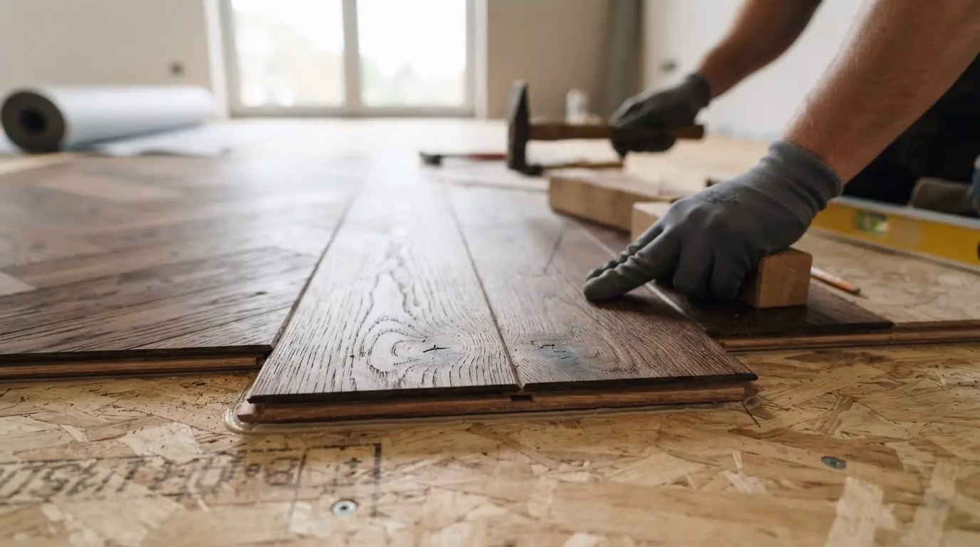 Close-up of a parquet thermo-traité installation on a flat subfloor