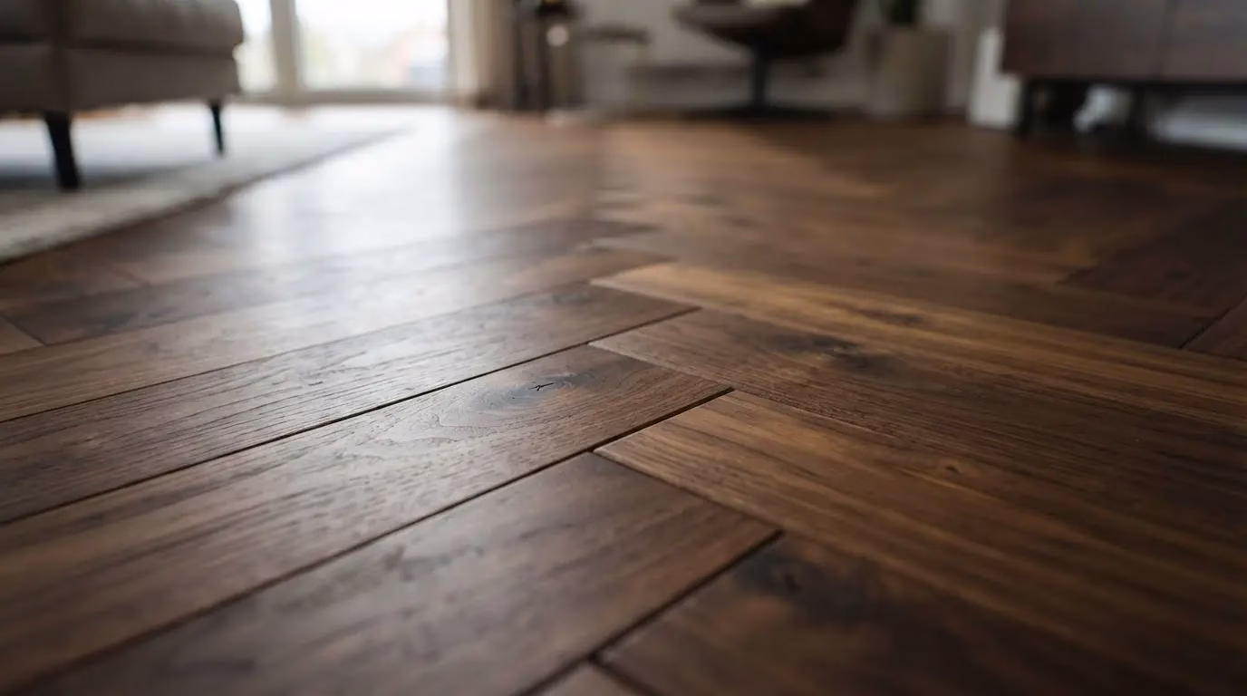Close-up of walnut parquet boards in natural daylight