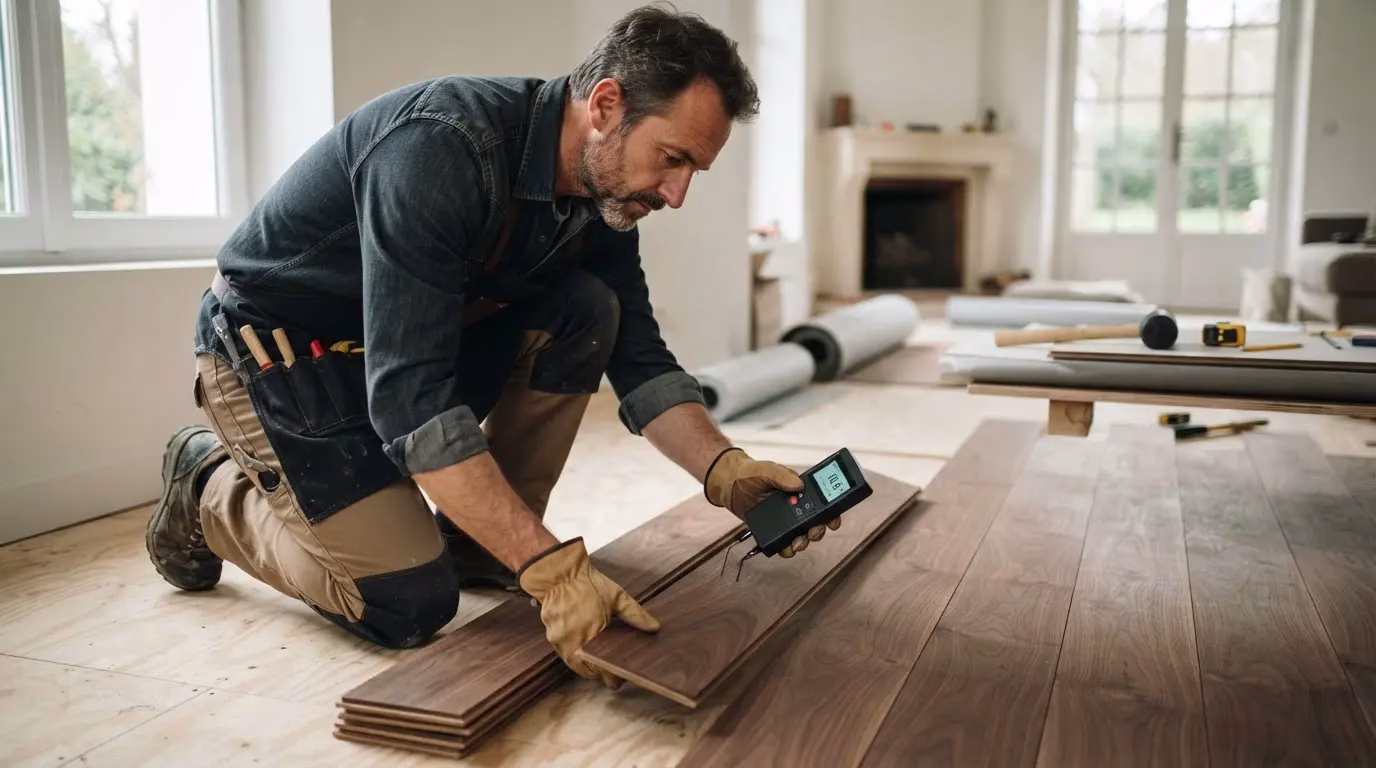 Artisan checking moisture levels before installing a walnut parquet floor